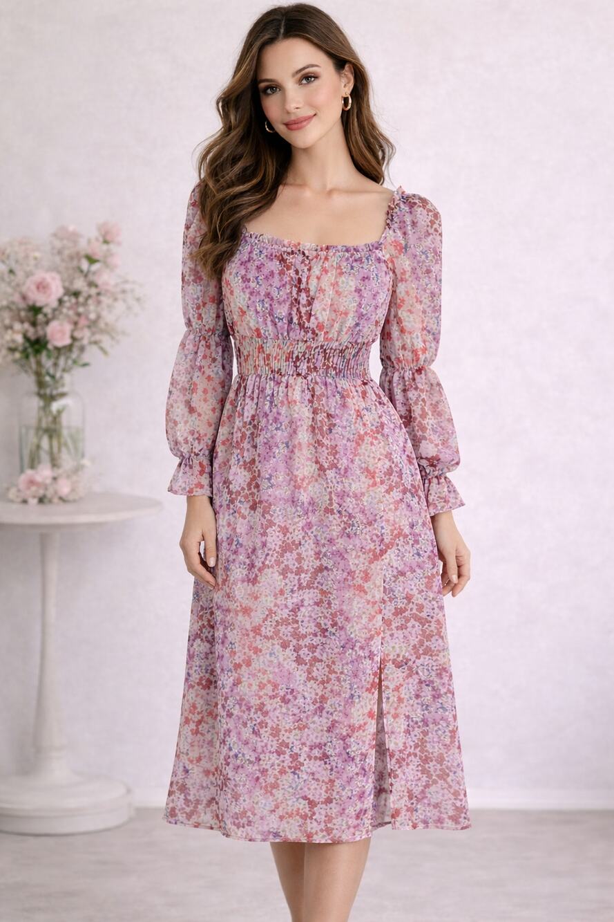 Miss Selfridge Sleeve Detail Chiffon Midi Dress Womens 8 Ditsy Floral New Pink